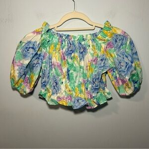 NWT Zara Poplin Pastel Floral Off the Shoulder Crop Top Size Small